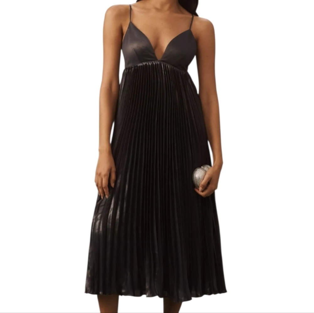 Bhldn Black Alessia Sleeveless V- Neck Pleated Crepe Midi Dress
